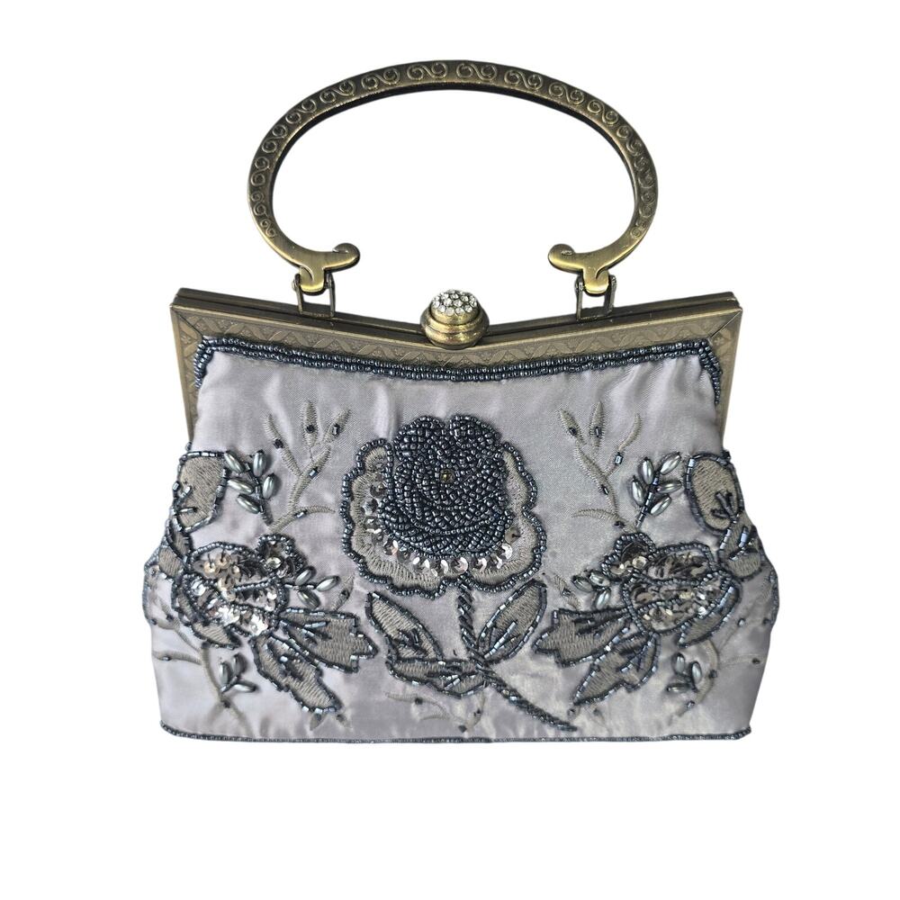Victorian inspired gunmetal gray satin beaded clutch metal handle or long chain